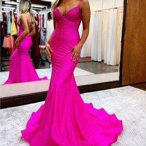 Sparkly Mermaid V Neck Beaded Satin Long Prom Dress